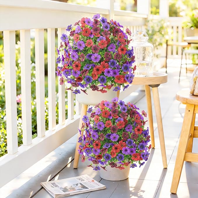 Alupssuc 4Pcs 20" Artificial Topiary Ball Flowers, Spring Outdoor Decoration with Spike, UV Resistant Faux Summer Plants, Fake Bushes Plants, Mix 4 Colors for Garden, Porch & Patio Decor