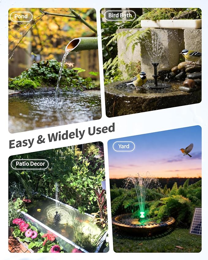 POPOSOAP 8W Solar Fountain Pump with 3200mAh Battery Backup & LED Lights, Solar Water Fountain Kit with 8 Nozzles & PVC Tubing for Bird Bath, Pond, Fish Tank, Backyard Decor P108DL