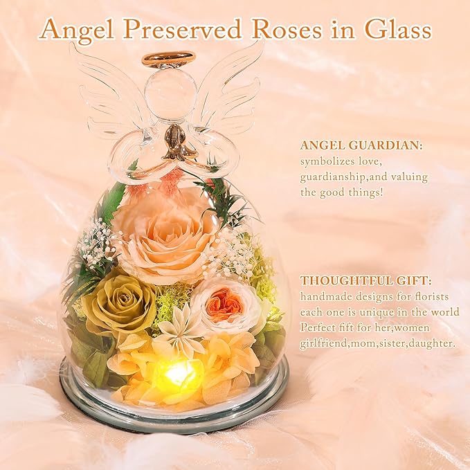 Gifts for Mom Birthday Gifts for Women Preserved Rose Forever Flower in Glass Angel Figurines Fresh Flowers for Delivery Anniversary Real Colorful Roses for Grandma Her Wife Mothers from Daughter