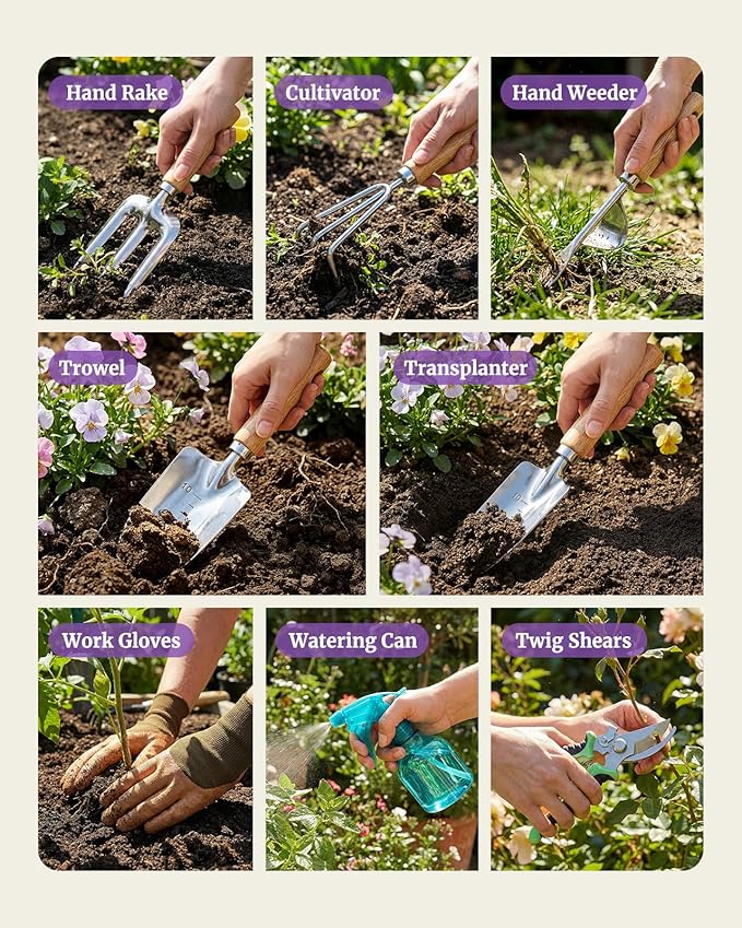 9-Piece Garden Tool Set, Heavy Duty Stainless Steel Rust-Proof Planting Kit with Ergonomic Wood Handles, Durable Metal Organizer Basket with 4 Compartments, Ideal Gardening Gift for Women, Mother