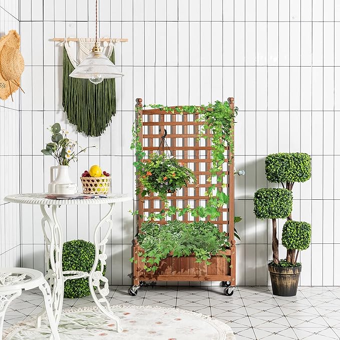 Giantex Set of 2 Mobile Plant Raised Bed, Wood Planter with Lattice Trellis and Wheels, Flower Box for Plant Climbing, Vertical Garden for Balcony Patio Yard, 25"x11"x 50"