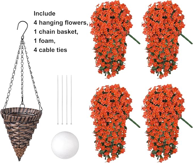 Artificial Fake Hanging Flowers Plants Baskets for Outdoor Outside, Faux Silk Orange Daisy Mums Trailing Vines in Planter Realistic UV Resistant for Balcony Porch Decor