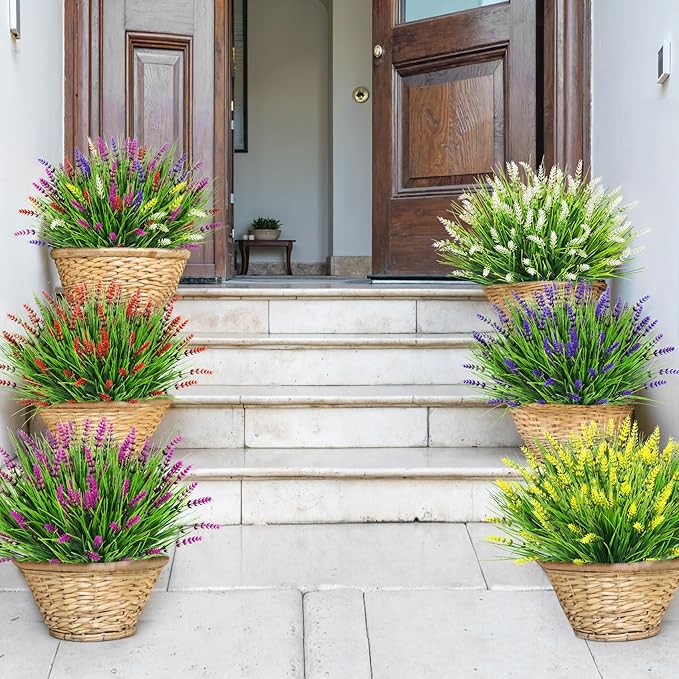 Bassion Artificial Flowers for Outdoors, 24 Bundles Fake Lavender Flowers UV Resistant Fuchsia Plastic Plants Faux Monkey Grass for Home Porch Garden Window Box Indoor Outdoor Decorations