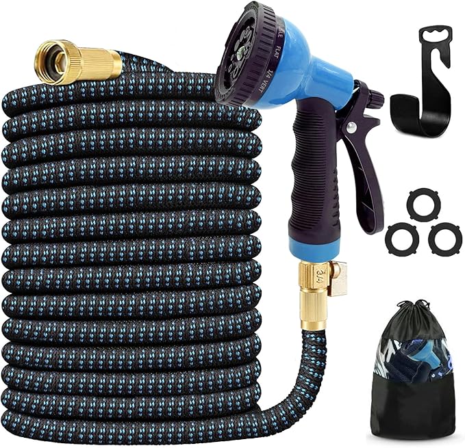 J&B XpandaHose 100ft Expandable Garden Hose – Ultra-Strong 3750D, 4-Layer Latex Core, Brass 3/4" Connectors, 10-Pattern Nozzle & Storage Bag – Lightweight, Kink-Reducing, Leak-Resistant