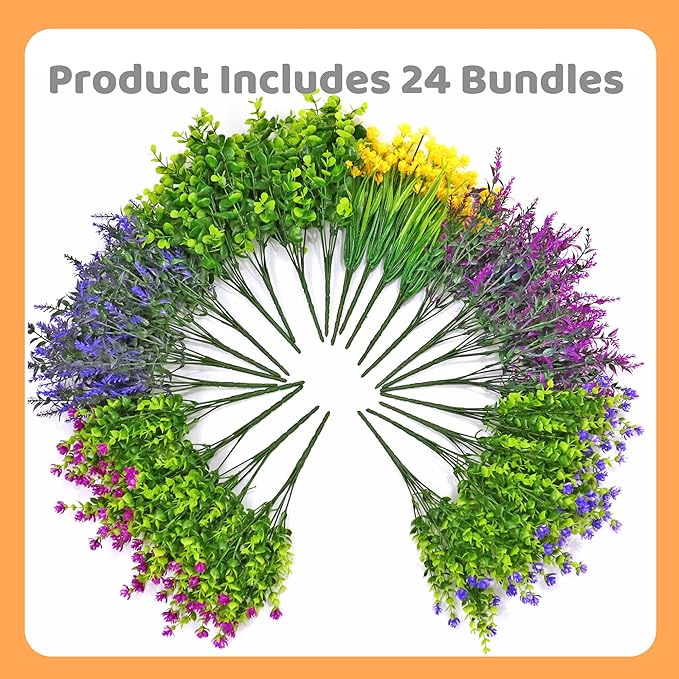 24 Bundles Artificial Fake Flowers Outdoor, UV Resistant No Fade Boxwood Faux Plastic Shrubs Greenery Plants for Garden Patio Porch Window Box Home Indoor Wedding Farmhouse Hanging Planter Décor