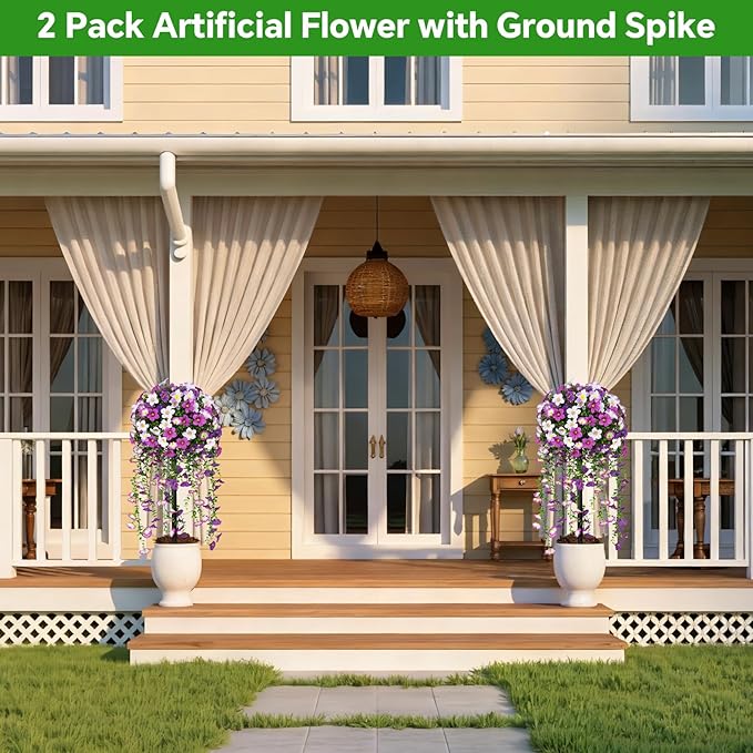 Artificial Morning Glory Topiary Trees Set of 2, Purple Fake Shrubs Bushes with Ground Spike, Faux Evergreen for Porch Plants, UV Resistant Artificial Flowers for Outdoors Indoor Front Garden