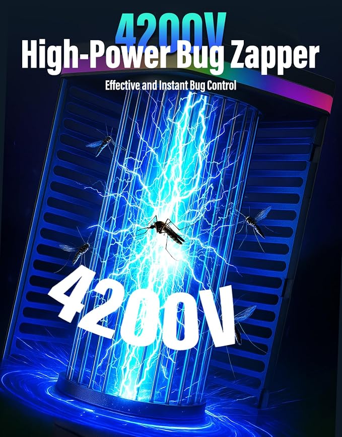 Bug Zapper Outdoor Cordless, 4200V Electric Mosquito Zapper with LED Blue Light, 3 in 1 Portable & Rechargeable Bug Zapper Outdoor Waterproof IP67, Wireless Hanging Fly Zapper for Patio Camping