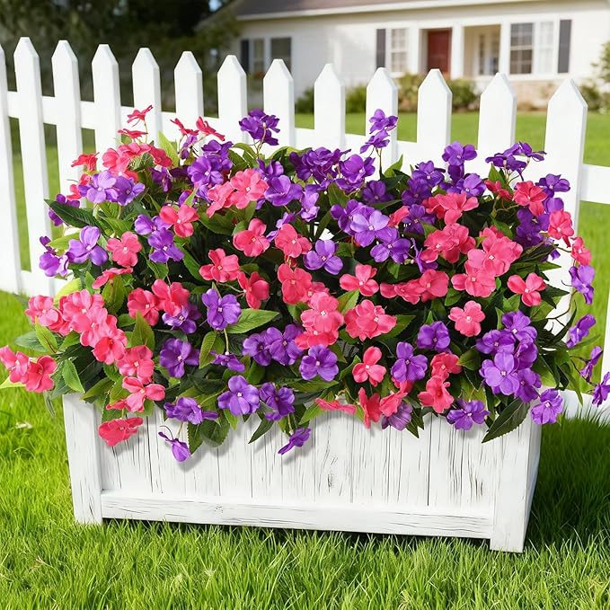Artificial Impatiens Flowers for Outdoors, 6 Bundles Silk Fake Flowers for Spring Summer Decoration, UV Resistant Faux Plants Plastic Bouquet for Home Planter Porch Patio Yard Decor(Purple Rose Red)