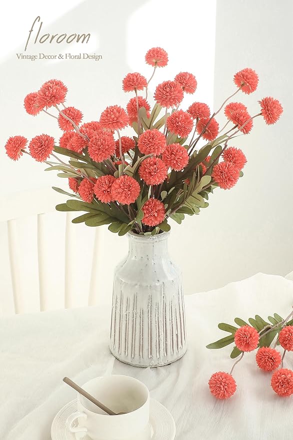 Floroom 5pcs Coral Orange Faux Silk Mums Artificial Flowers, Bulk Fake Small Mini Chrysanthemums with Stems for DIY Wedding Centerpieces Floral Arrangements Vase Fillers Home Decorations