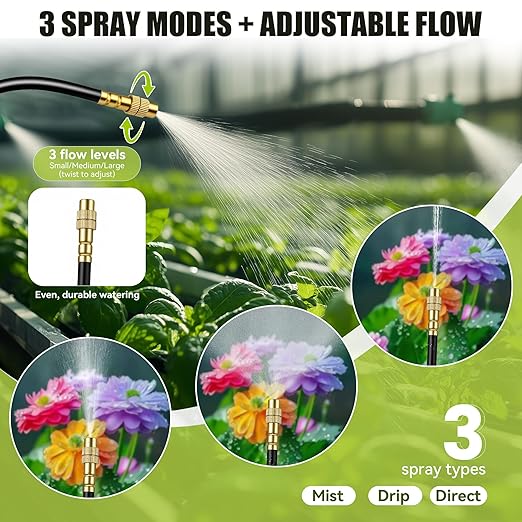 50FT 360° Adjustable Drip Irrigation System Garden Watering System with 12 Nozzles Plant Watering Devices Misting System Greenhouse Accessories for Yard, Lawn