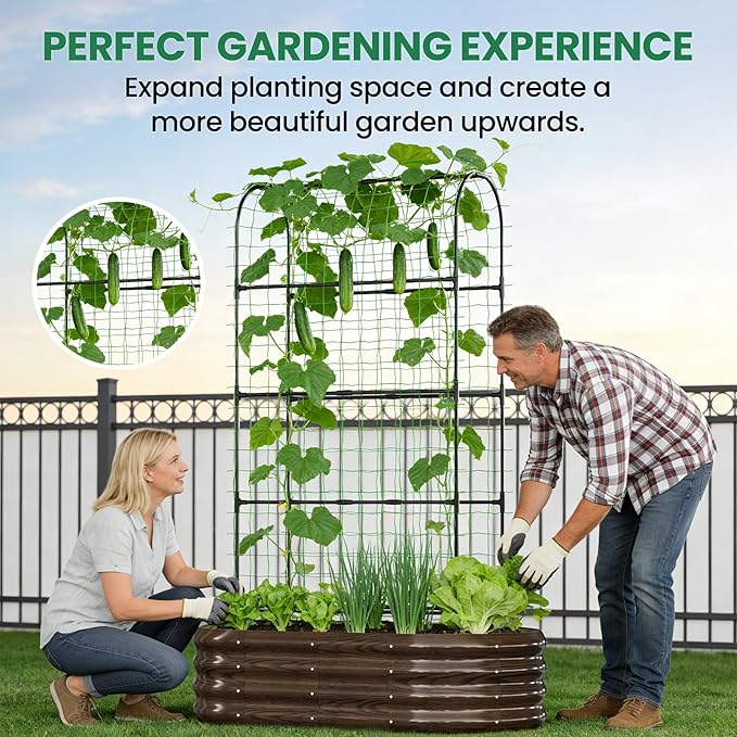 SUNYRISY Galvanized Raised Garden Bed with 71in Arch Trellis for Climbing Plants, Outdoor Planter Box with Climbing Net for Gardening Flowers Vegetables Fruits Herbs, Wood Grain