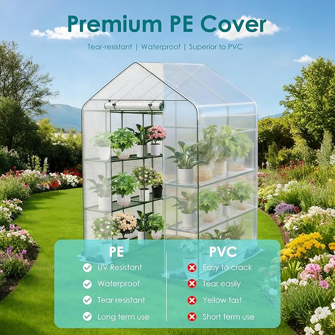 Twira Greenhouse for Outdoors, 48" x 73.2" x 74.8" Walk in Plant Greenhouses Heavy Duty with Thicken PE Cover, 3 Tiers 8 Shelves Greenhouse Plastic, Portable Green House for Outside, Patio, Gardening