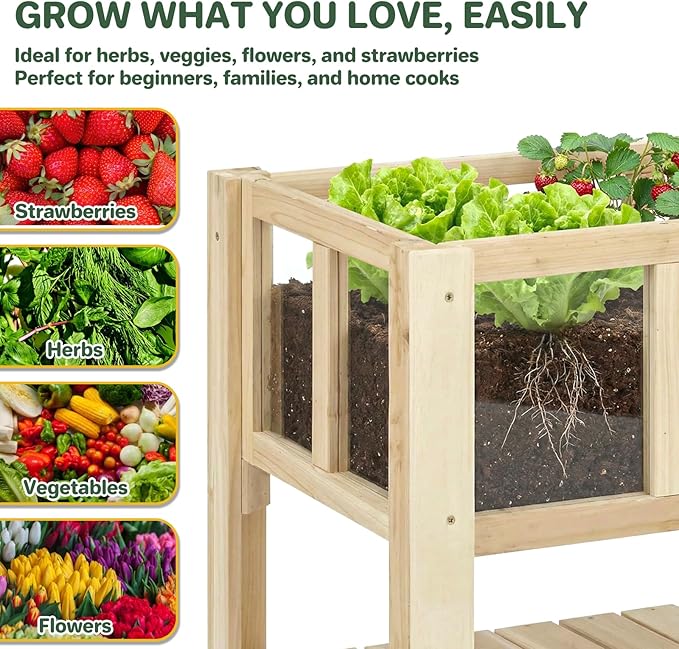 Raised Garden Bed Outdoor with Shelf, 43.7''x23.2''x30.7''Wood Planter Box with Transparent Window, Drainage Holes, Liner, Garden Beds Flower Stand for Balcony Kitchen, Gift for Gardening