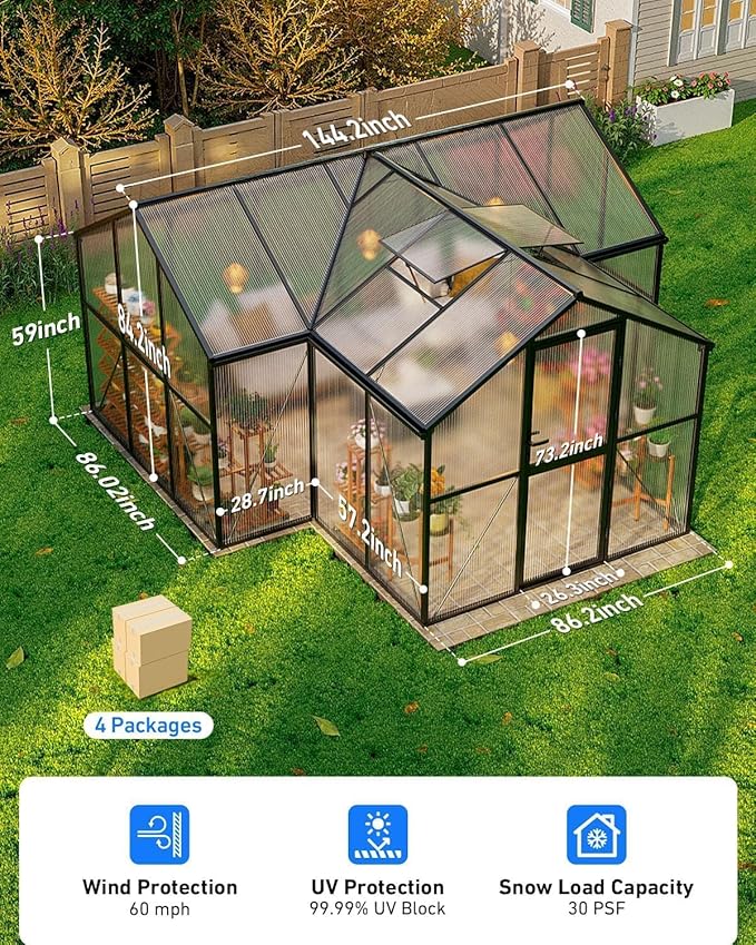 12X12 FT Greenhouse for Outdoors, Polycarbonate Walk-in Green House for Outside, Reinforced Aluminum Frame Greenhouses, Heavy Duty Garden, Patio, Backyard Flower Planting