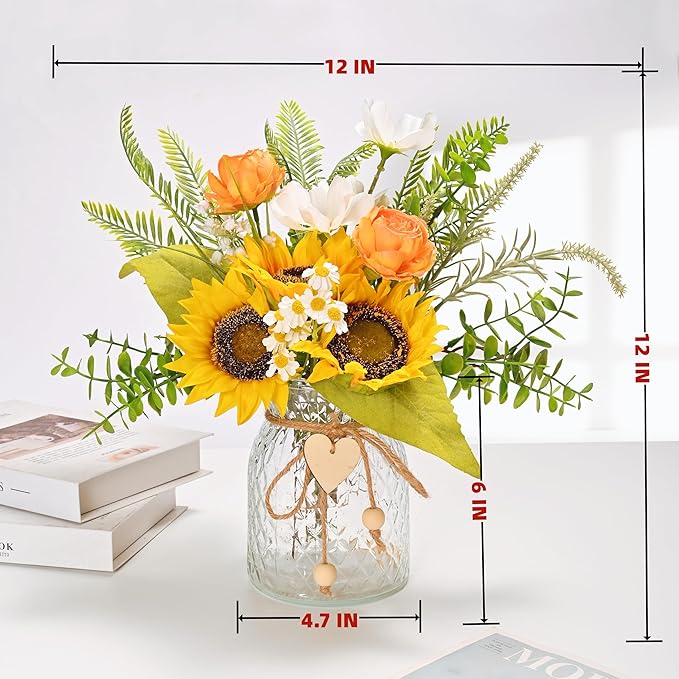 LUEUR Artificial Faux Flowers in Vase for Home,Silk Sunflower Bouquet Fake Flowers with Pot Silk Sunflower Arrangement with Vase Suitable for Fall, Spring Decor Office Decoration Table Cenerpiece
