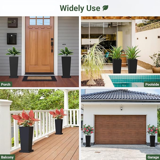 Metal Tall Planters 20 inch Set of 2, Durable Taper Planter with Drainage Holes & Rust-Proof Coating & Trays for Outdoor Indoor Garden Patio Front Door (Black)