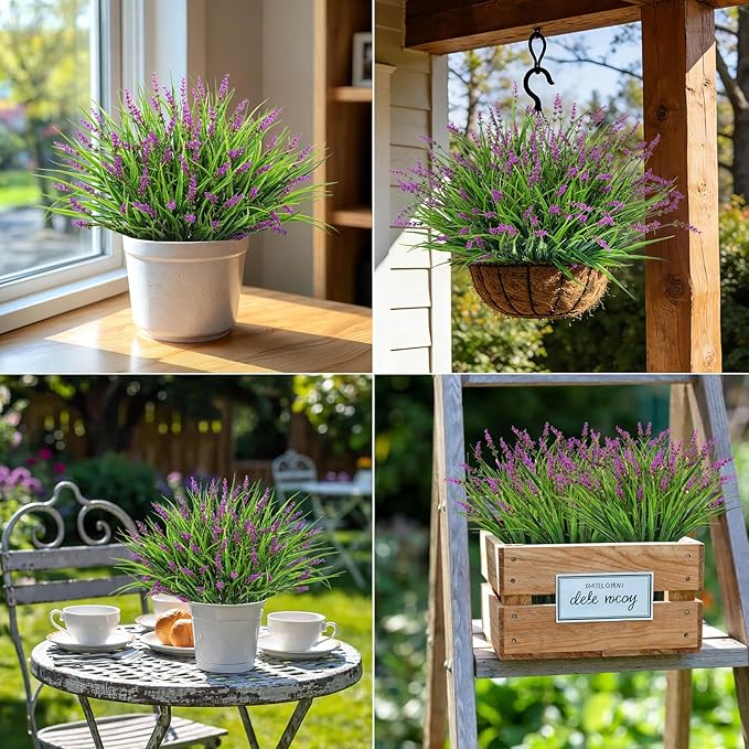 24 Bundles Artificial Plants Flowers Outdoor, Faux Lavender Flowers Fake Monkey Grass UV Resistant Plastic Plant for Porch Garden Patio Window Home Decor, Lotus