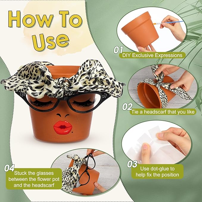 Sliner 6 Set Cute Face Flower Pot Head Planter Funny Plant Pots Painting Kit Include Glasses Silk Scarf Acrylic Paint Glasses Flower Sister Planter Easter Adults Art Painting Spring DIY Crafts
