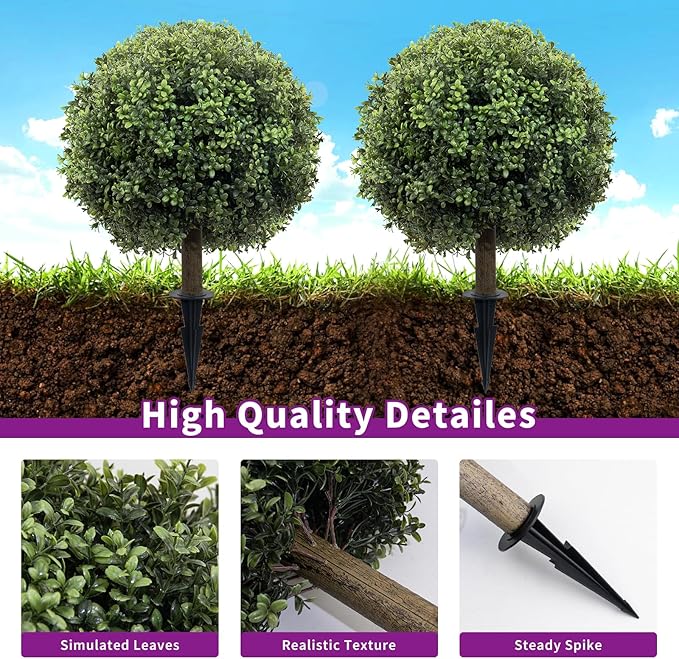 Artificial Boxwood Topiary Ball Tree Set of 2, 25.2" UV Resistant Artificial Outdoor Shrubs with Ground Spike, Decorative Evergreen Fake Topiary Bushes Plant for Front Porch Garden Decor