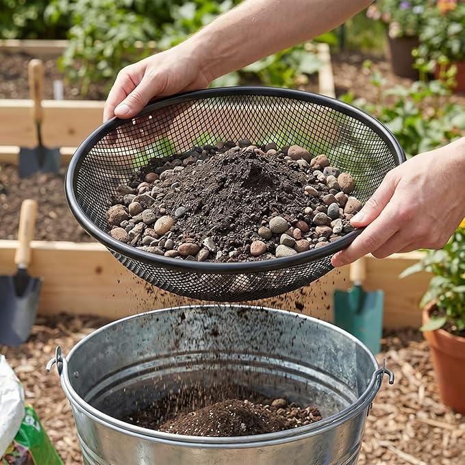 4PCS Soil Sifter for Gardening, 11.8" W Rock Sifter for 5 Gallon Bucket, 3/6/8/10mm Mesh Galvanized Steel Sifting Screen Dirt Sifter for Compost, Worm, Leaves, Sawdust, Rocks, Sand and Gravel