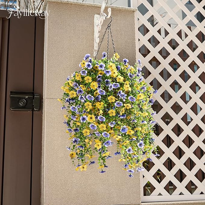 Artificial Hanging Flowers for Outdoors Spring Summer Decoration, 8PCS UV Resistant Silk Fake Hanging Plants for Patio Porch Front Yard Window Garden Indoor Decor(Blue&Yellow,8PCS)