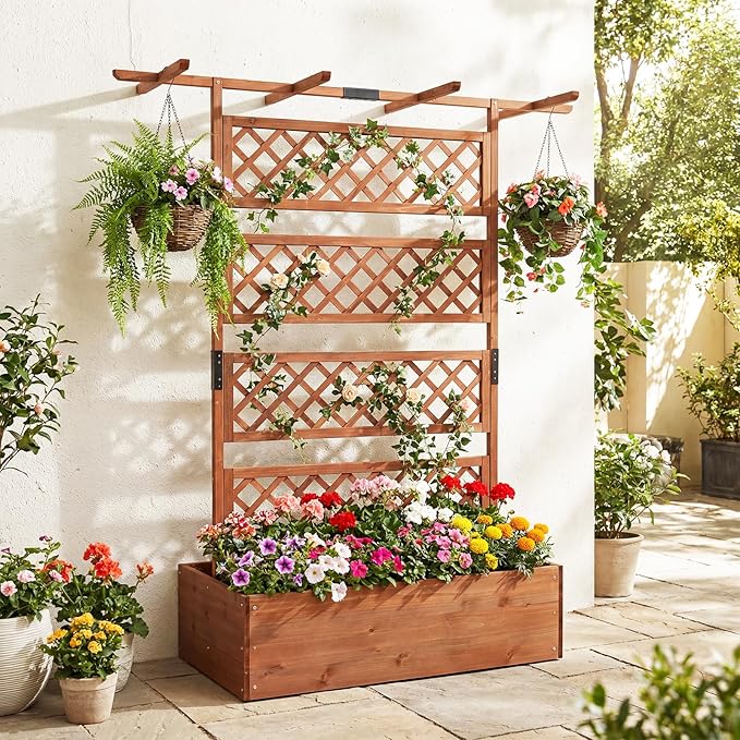 Giantex Raised Garden Bed with Trellis, 72'' Wooden Planter Box Outdoor w/Privacy Screen Roof, Large Vertical Garden Planter w/Drainage Holes for Climbing Plants, Patio Balcony Backyard