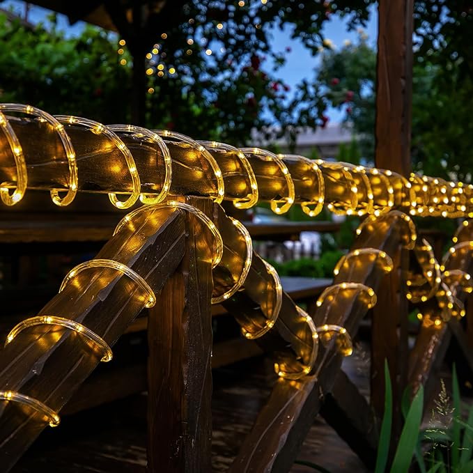 Solar Rope Lights, 66ft 200LED Solar String Lights, 8 Modes Waterproof Solar Powered Outdoor Light, Flexible Clear Tube Light for Garden, Backyard, Patio, Deck, Porch, Pool, Tree Decor - Warm White