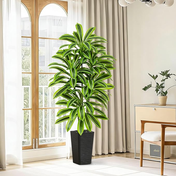 Artificial Yellow Dracaena Tree - 6FT Tall Fake Plants with Black Planter - Artificial Plants Indoor Floor Plant in Pot - Large Tropical Fake Yucca Potted Tree for Home Office Living Room Decor