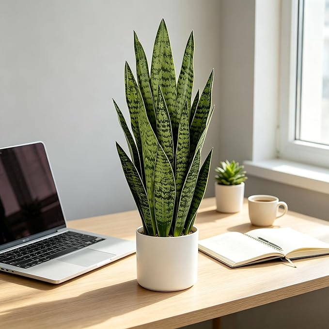 Fake Snake Plant, 27in Artificial Plant with White Pot Realistic Leaves, Low Maintenance Potted Plant for Indoor Decor, No Watering Needed, Perfect for Home, Office & Pet Areas