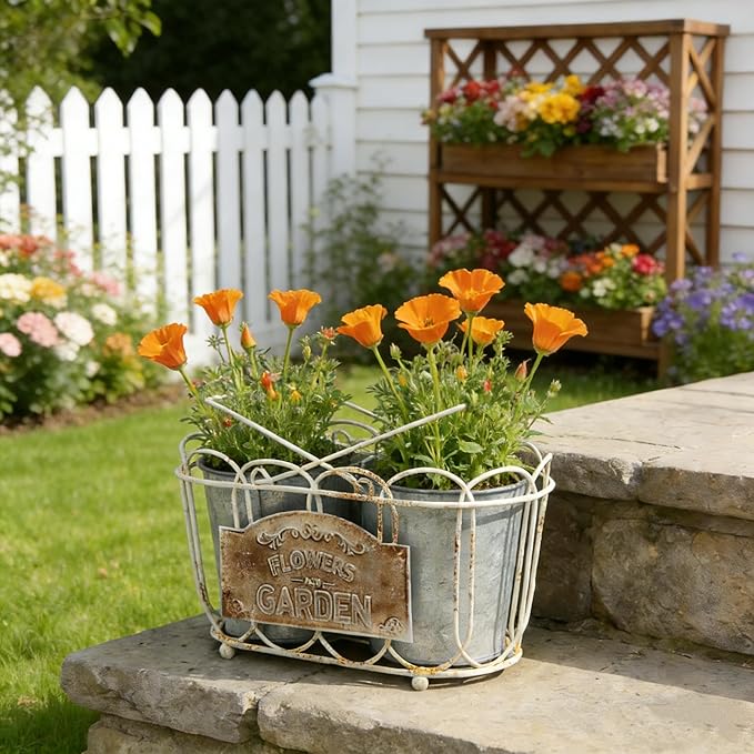 Vintage 2-Piece Metal Planter Set, Distressed White Iron Wire Basket with Flowers Garden Sign, Rustic Farmhouse Plant Pots for Tabletop, Window Sill & Balcony Decor