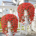 Artificial Hanging Flowers for Outdoors, 4 PCS 600 Blooms UV Resistant Morning Glory Faux Silk Vines, No-Odor Realistic Fake Plants for Garden Planter Porch Patio Decoration, Red