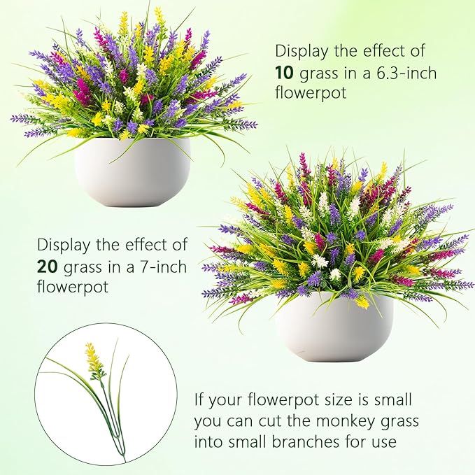 N&T NIETING 20 Bundles Artificial Plants Outdoor Fake Monkey Grass with Flowers for Pot Garden Verandah Decor Plastic Greenery for Window Office Patio Hanging Planter Pathway Front Porch (Mix color 2)