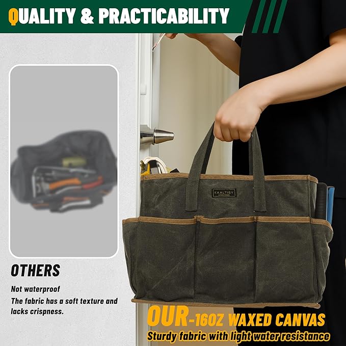 Tool Tote Bag, Heavy Duty 16oz Waxed Canvas Garden Tool Bag | Portable 11-Pocket Tool Storage Bag for Gardener Electrician Contractor Repairman (14"L x 5.5"W x 10.5"H) – Army Green