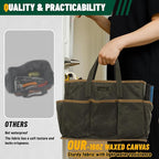 Tool Tote Bag, Heavy Duty 16oz Waxed Canvas Garden Tool Bag | Portable 11-Pocket Tool Storage Bag for Gardener Electrician Contractor Repairman (14"L x 5.5"W x 10.5"H) – Army Green