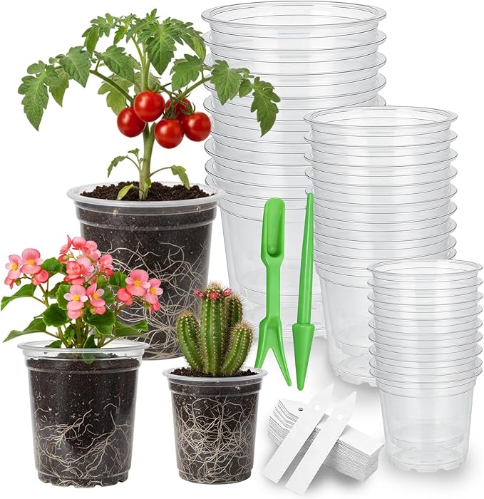 Clear Nursery Pots, 30 Pack Seed Starting Pots with 8 Drainage Holes, Transparent Plant Pots with Labels, Marker & Seedling Transplant Tool (3.5/4/5in-30pcs)