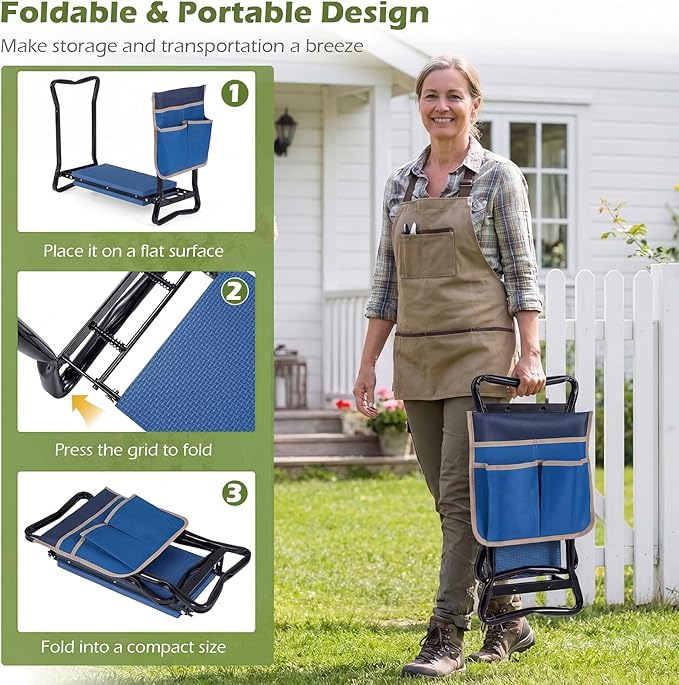 2-in-1 Garden Kneeler and Seat, Folding Garden Seat w/EVA Foam Kneeling Pad & Removable Tools Pouch, Sturdy Steel Frame, No Assembly, Portable Heavy Duty Garden Stool for Women Men Seniors
