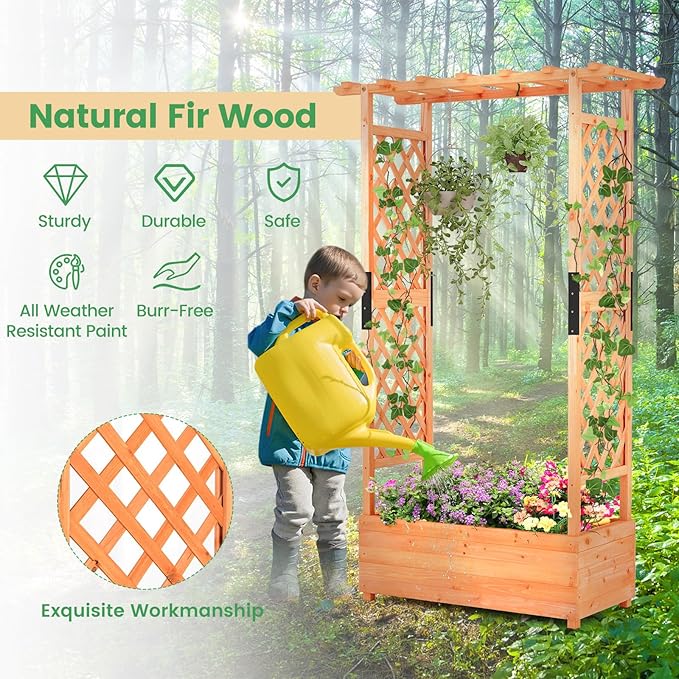 MAT EXPERT Raised Garden Bed with Trellis & Hanging Roof, Lattice Panel with Drainage Hole for Flower, Climbing Plant, Herb, Planter Box for Garden, Patio, Yard (2, 43.5" x 17.5" x 72" (L x W x H))