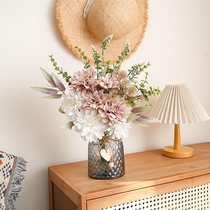 LUEUR Artificial Dahlia Flowers with Vase – Dusty Pink Faux Flower Arrangement, Elegant Floral Centerpiece Table Decorations for Coffee Table, Dining Room, Bedroom, Living Room & Farmhouse Home Decor