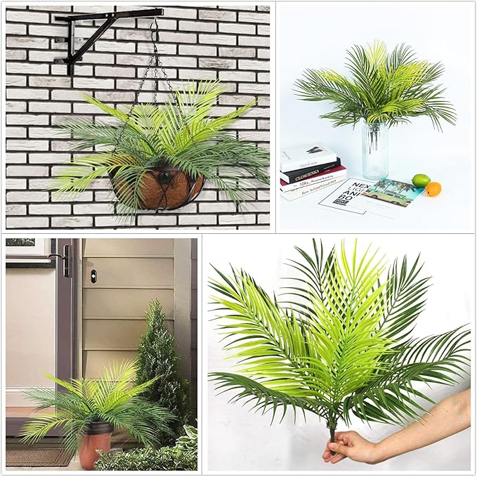 PASYOU Artificial Plants Fake Palm Tree Tropical Shrubs 4 Pack, Plastic Greenery Faux Big Leaves Stems Plant for Indoor Outdoor Home Garden Decor Bedroom Wedding Party DIY Filler Decoration