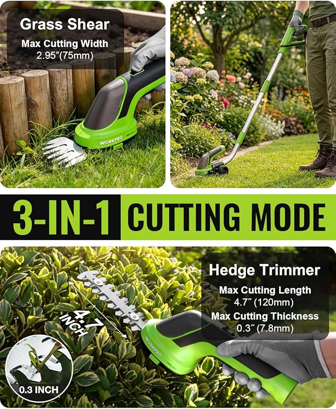 WORKPRO 3.6V Hedge Trimmer Cordless, 3-in-1 Electric Hedge Trimmer & Grass Cutter with 37'' Wheeled Extension Pole, 4.0Ah Removable Battery & Type-C Cable, Lightweight Bush Trimmer for Lawn & Garden