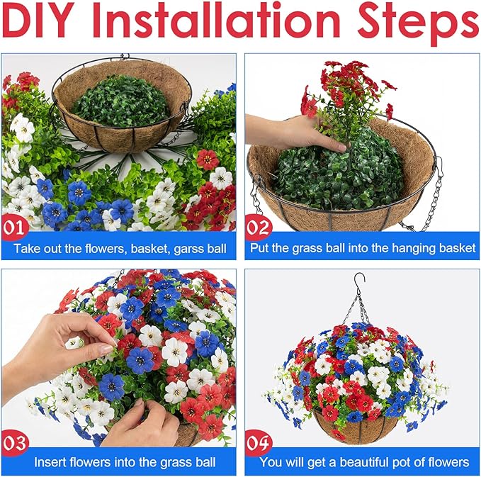 Hananona 2 Set Artificial Outdoor Flowers with Hanging Basket, 2 Hanging Planters with 24 Pcs Patriotic Flowers for Summer Front Porch Patio 4th ofJuly Decor (2, Red, White, Blue)