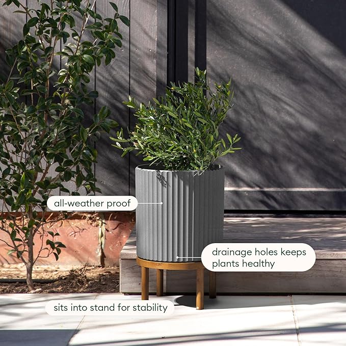 Veradek Demi Series Round Planter w/ Stand for Porch/Patio | Durable Plastic-Concrete & Wooden Stand | Modern Décor for Tall Plants, Flowers