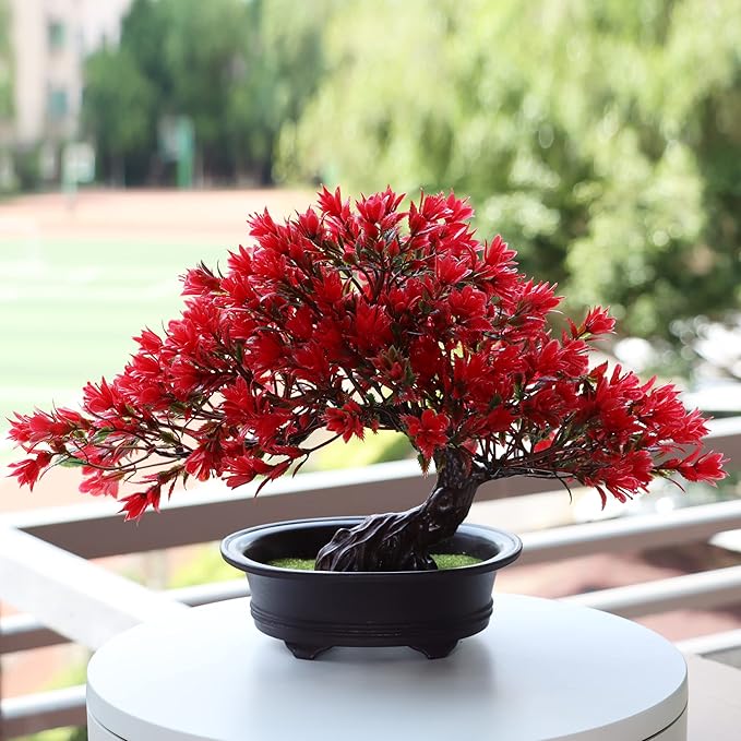 Artificial Bonsai Tree Fake Plants for Home Decor, Living Room Bathroom Bookshelf Entryway Table Wall Shelf Modern Farmhouse Decor, 9.5" Tall, Red