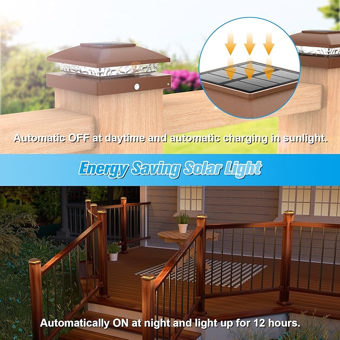 VOLISUN 4x4 Solar Post Cap Light 6pack,Solar Fence - Post Lights Brown Outdoor Waterproof for Wooden/Vinyl Post, with Warm White for Deck