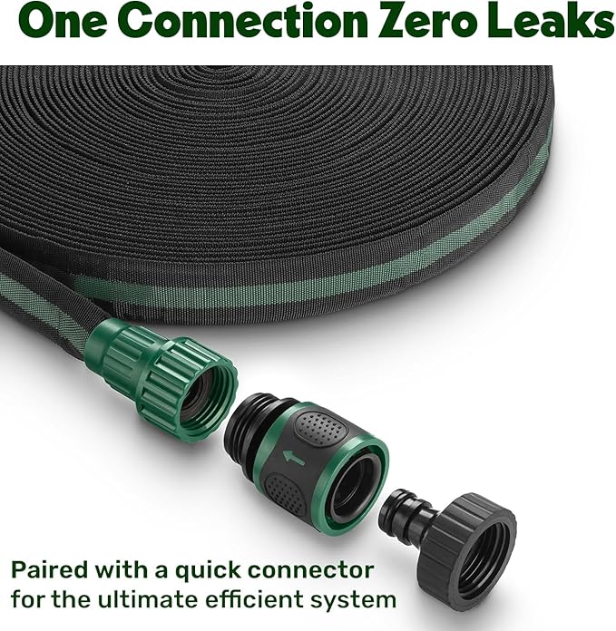 Flat Soaker Hose 25ft for Garden // Drip Hose for Garden Beds, Lawns and Trees // Heavy Duty Leakproof Design with Quick Connect // Linkable Irrigation System for Vegetables and Flowers
