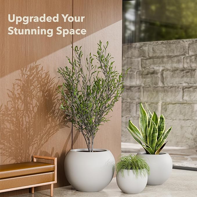 16" H x 20" D Premium Globo Fiberstone Round Planter with Drainage Hole, Weather Resistant for Indoor and Outdoor Use, Included 2 Extra Coco Mats (Light French Gray, 13.5" Pot Opening)
