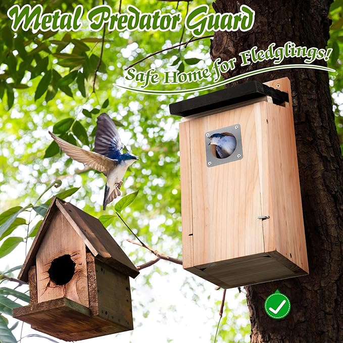 Dreyoo 2 Pack Bluebird Box Houses for Outside,1-1/2'' Entrance Hole Wooden Bird Houses with Metal Guard, Secure Latch,Fledgling Grooves,Air Vents for Bluebird Wren Swallow(Dark Wood)