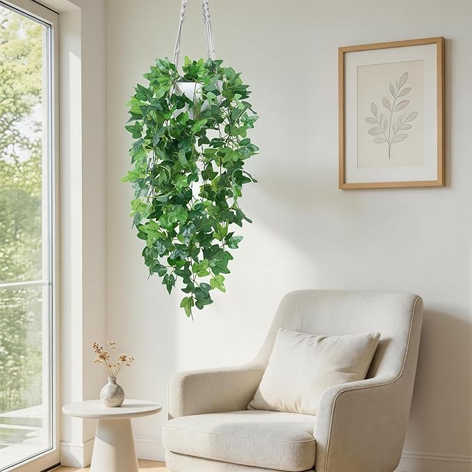 DREAMLOOM 2 Packs Fake Hanging Plants with Pots, Artificial Ivy Hanging Plants with Macrame Hanger for Indoor Decor, Fake Hanging Vines Faux Greenery for Home Kitchen Office