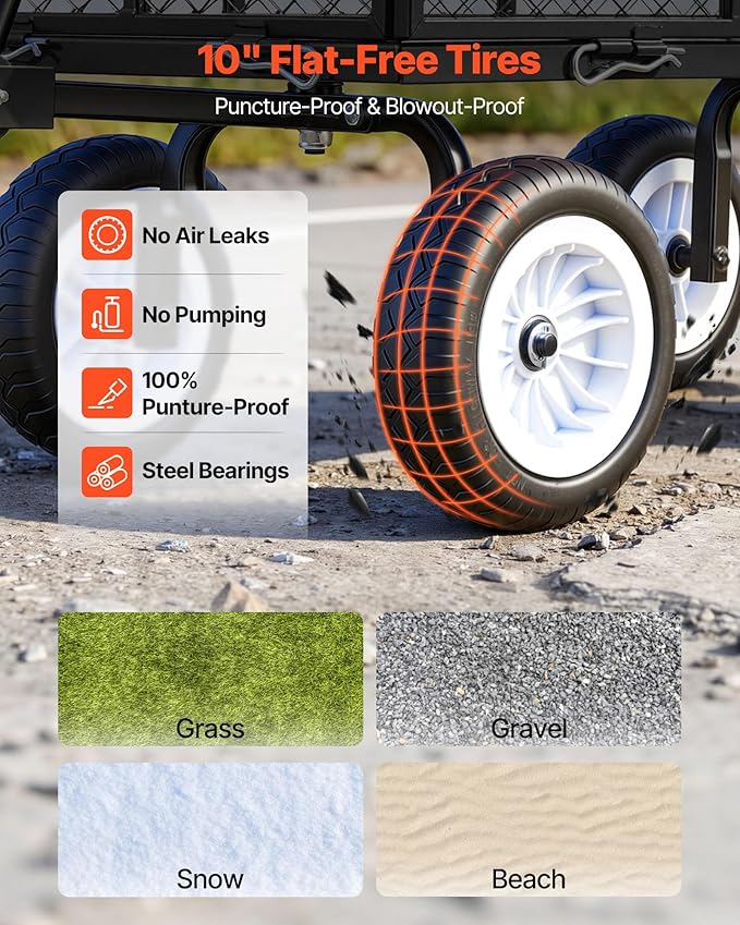 VEVOR 900 LBS Steel Garden Cart, 2 in 1 Handle, Heavy Duty Pullable Garden Wagon with 10" Flat-Free Tires, Outdoor Utility Yard Wagon Cart with Detachable Side Panels, Attach to ATV or Tractor