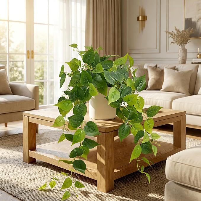 Waipfaru Artificial Plants Indoor, 2Pcs 34" Realistic Fake Pothos Hanging Plants Silk Vines Ivy Potted, Fake Pothos for Living Room Office Bedroom Bathroom Kitchen Shelves Indoor Home Decor